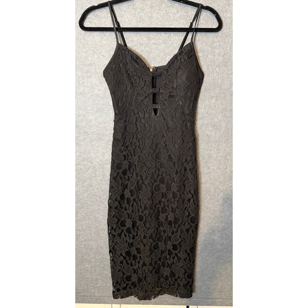 Holiday Wedding Bebe Edgy Dress XXS Black Lace Cutout Bodycon LBD Night Out